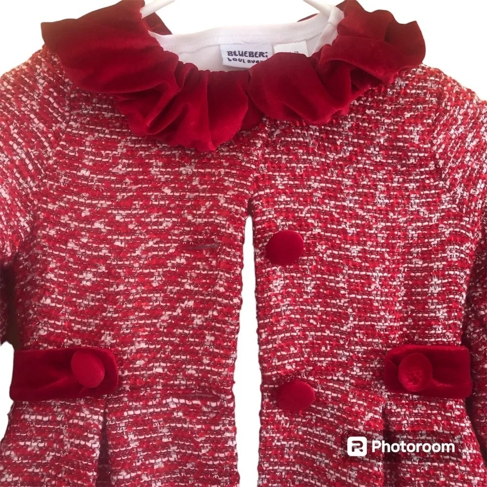 Bluebei Red & White Tweed Coat & Dress Set red velvet & sliver details Size 7/8